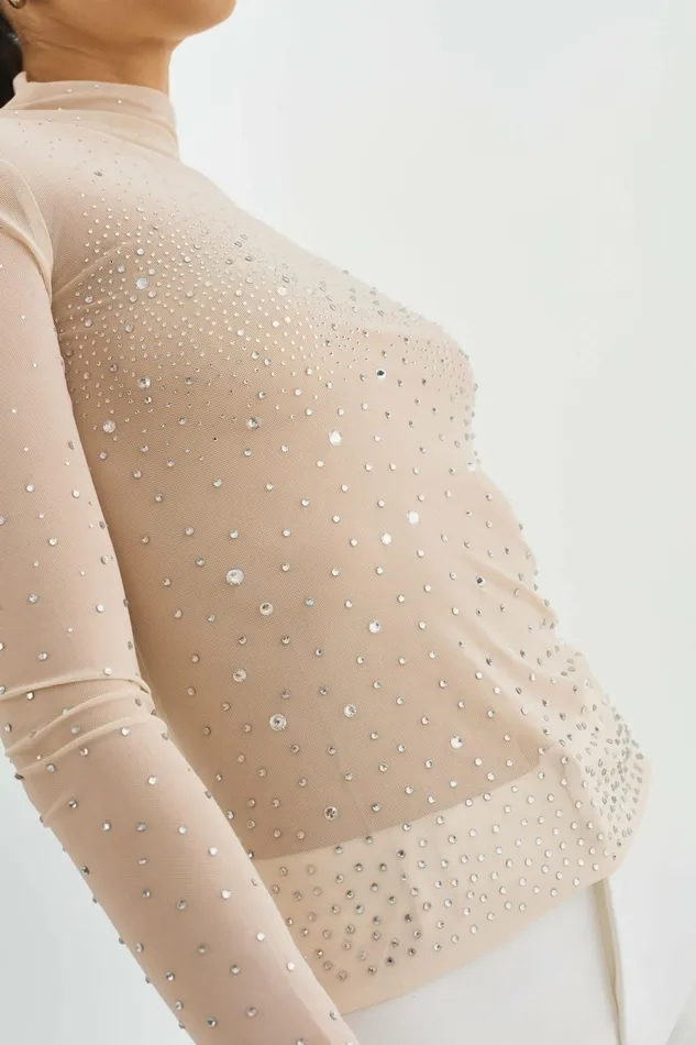Nellis Rhinestone Mesh Top Bisque Women Lamarque TOPS