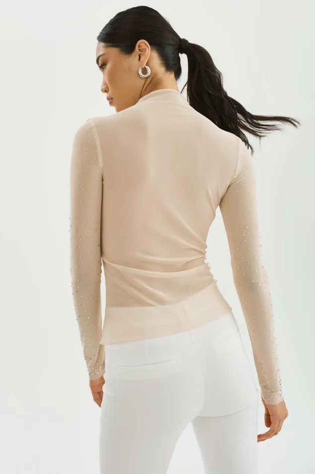 Nellis Rhinestone Mesh Top Bisque Women Lamarque TOPS