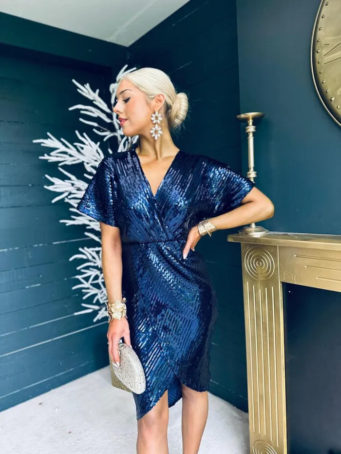 Novah Sequin Detailed Midi Dress Navy Womens Canella Lane Evening Dress