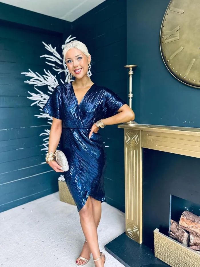Novah Sequin Detailed Midi Dress Navy Womens Canella Lane Evening Dress