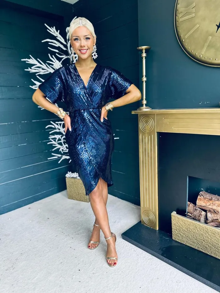 Novah Sequin Detailed Midi Dress Navy Womens Canella Lane Evening Dress