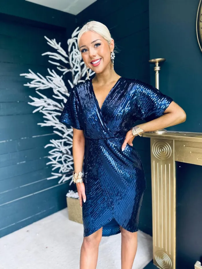 Novah Sequin Detailed Midi Dress Navy Womens Canella Lane Evening Dress
