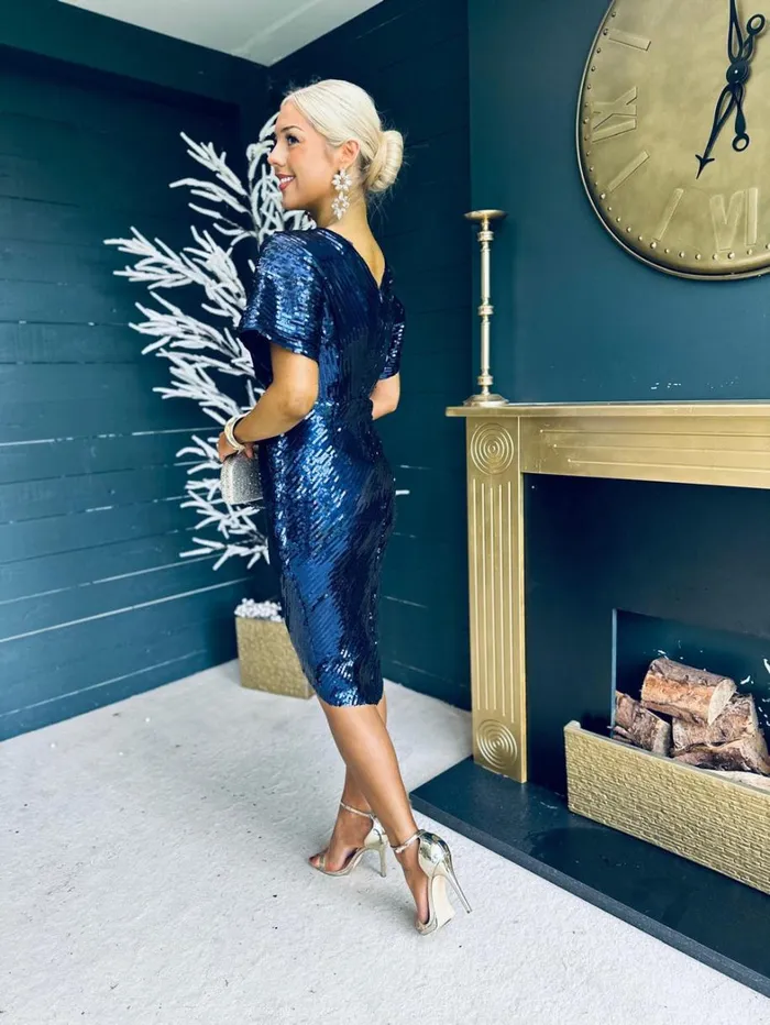Novah Sequin Detailed Midi Dress Navy Womens Canella Lane Evening Dress