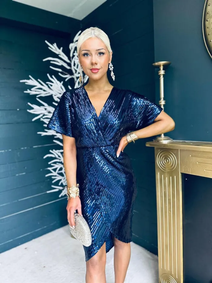 Novah Sequin Detailed Midi Dress Navy Womens Canella Lane Evening Dress