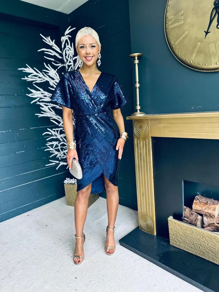 Novah Sequin Detailed Midi Dress Navy Womens Canella Lane Evening Dress