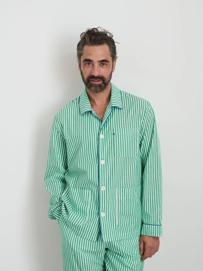P039jimmies Sleep Shirt In Stripe Green Stripe Men Alex Mill Pajamas Slippers