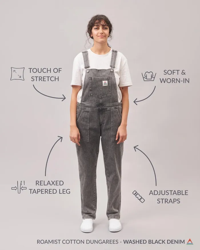 Passenger Bottoms Women Roamist Organic Cotton Dungarees Washed Black Denim Washed Black Denim