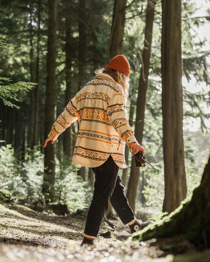 Passenger Tops Women East Recycled Polar Oversized Shirt Homespun Stripe Sunrise Orange Homespun Stripe Sunrise Orange