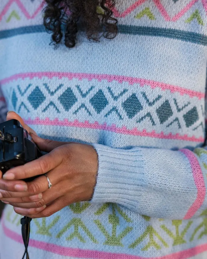 Passenger Tops Women Whimsical Recycled Knitted Jumper Homespun Stripe Blue Fog Homespun Stripe Blue Fog