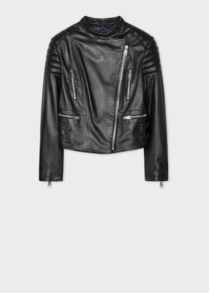 Paul Smith Coats and Jackets Womens Black Leather Biker Jacket With Zip Details Black