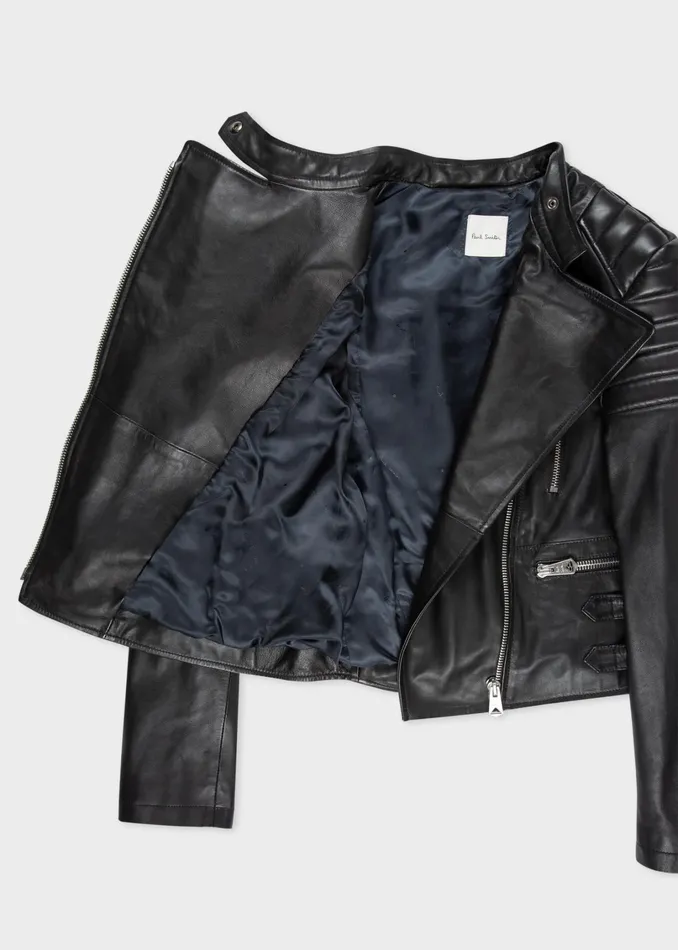 Paul Smith Coats and Jackets Womens Black Leather Biker Jacket With Zip Details Black