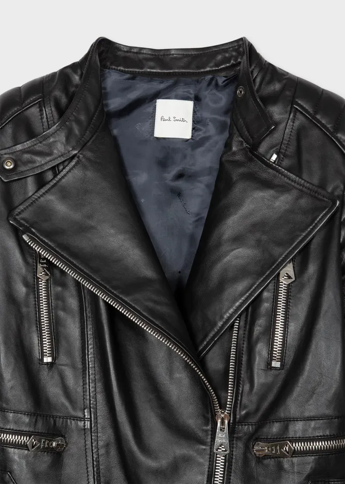 Paul Smith Coats and Jackets Womens Black Leather Biker Jacket With Zip Details Black
