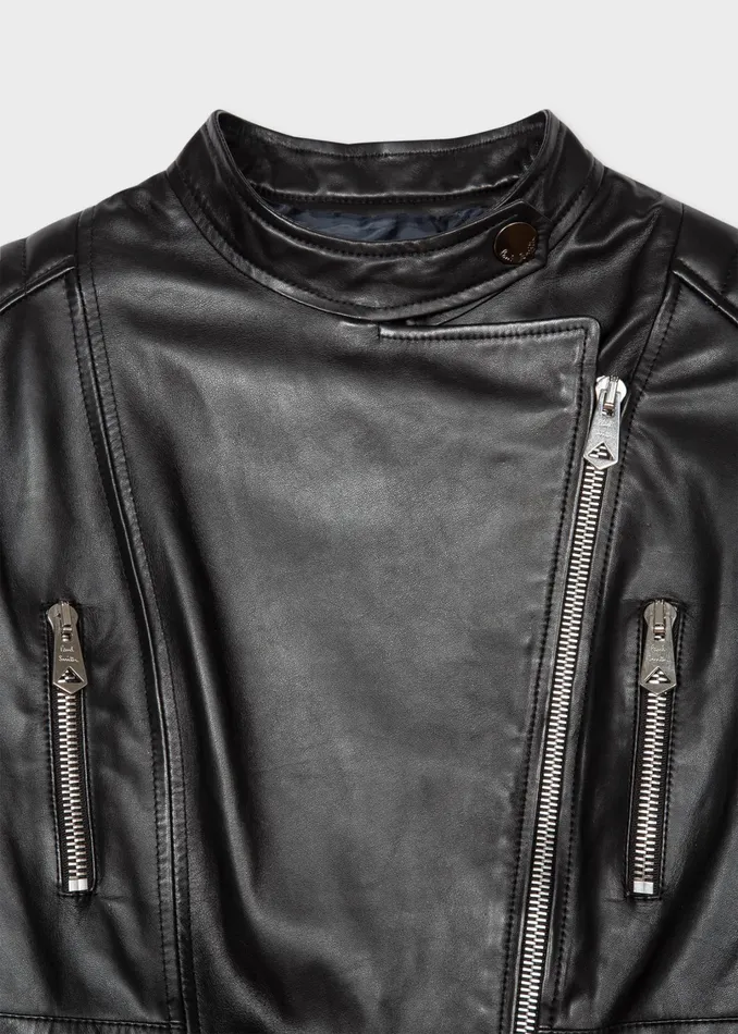 Paul Smith Coats and Jackets Womens Black Leather Biker Jacket With Zip Details Black