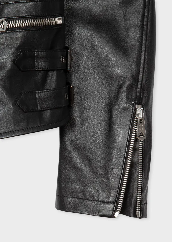 Paul Smith Coats and Jackets Womens Black Leather Biker Jacket With Zip Details Black