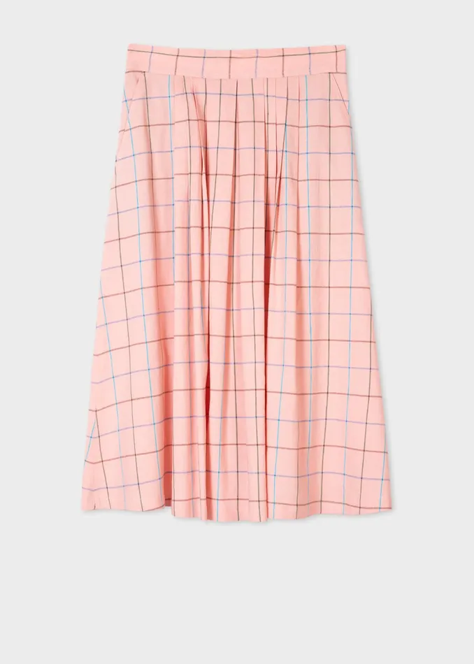 Paul Smith Skirts Womens Pink Windowpane Check LinenBlend Midi Skirt Pink