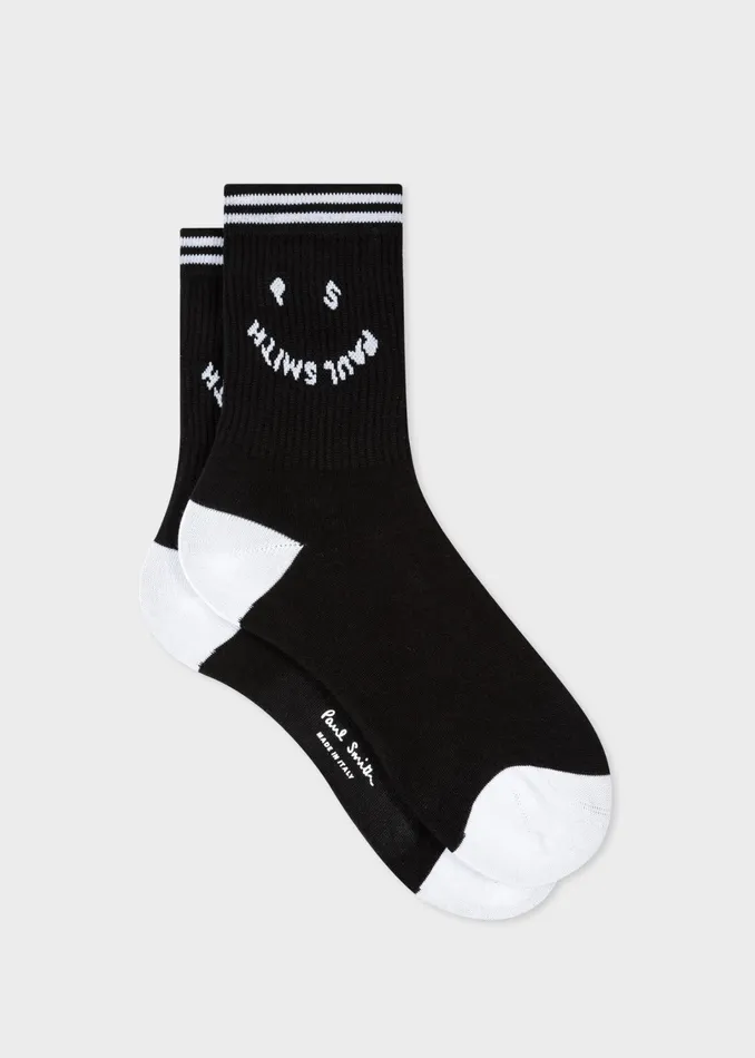 Paul Smith Socks Womens Black 039Happy039 Ribbed Socks Black And White