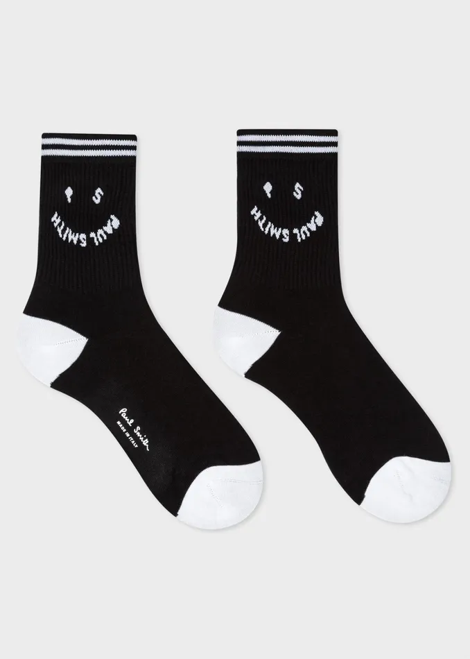 Paul Smith Socks Womens Black 039Happy039 Ribbed Socks Black And White