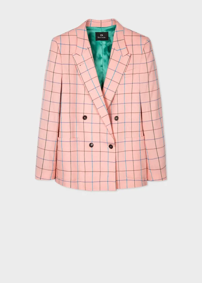 Paul Smith Suits Womens Pink Windowpane Check LinenBlend DoubleBreasted Blazer Pink