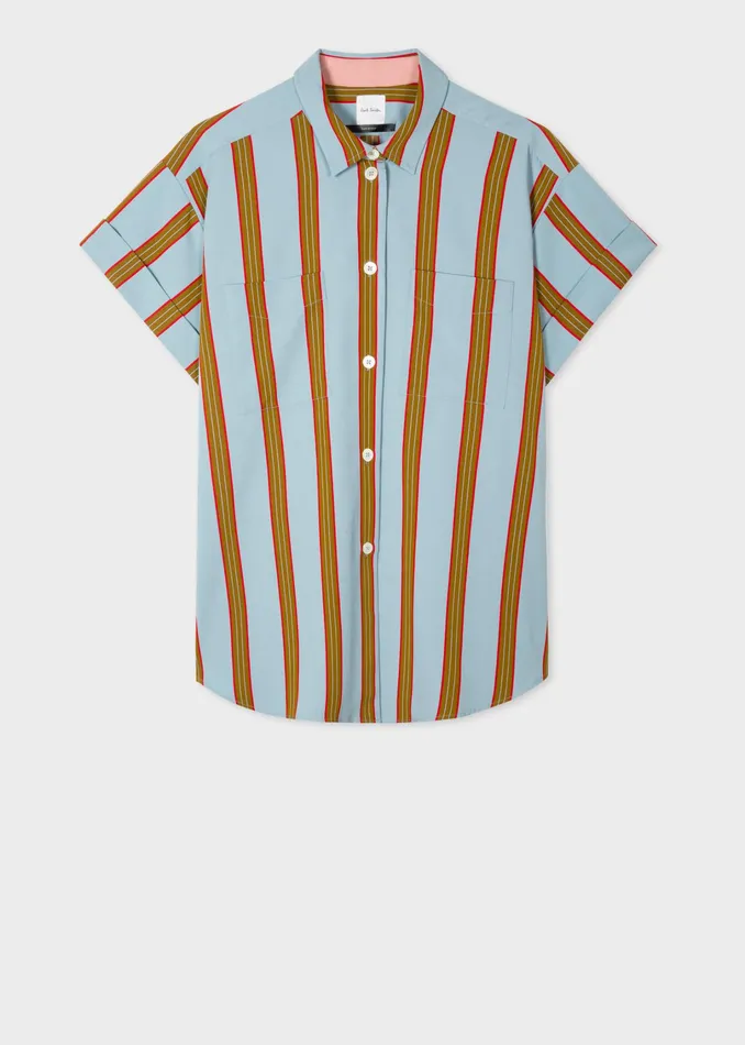 Paul Smith Tops Womens Blue Wide Stripe Casual ShortSleeve Shirt Blue