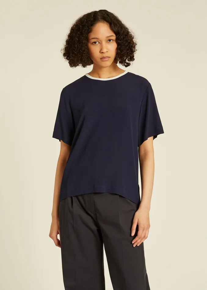Paul Smith Tops Womens Navy SilkBlend Top With Contrast Trim Navy