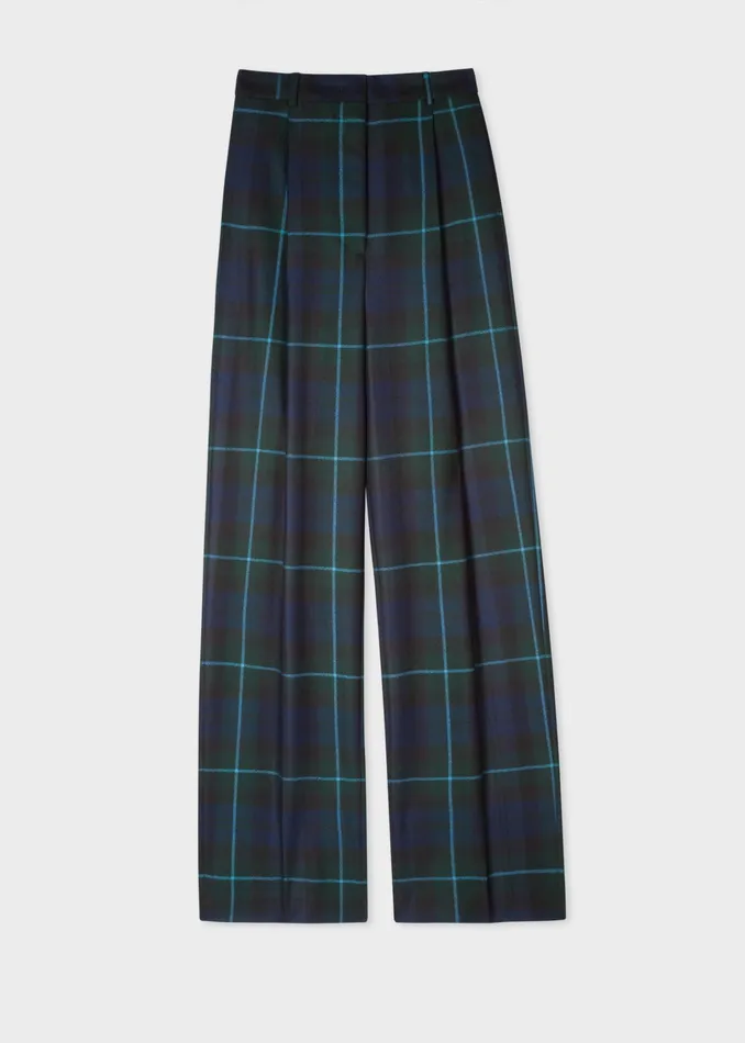 Paul Smith Trousers Womens Navy Tartan Wool Flannel Wide Leg Trousers Navy