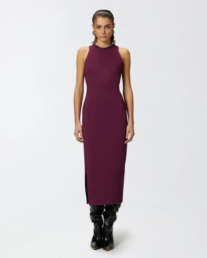 Pinko Black Sheath Dress With Rhinestoned Neckline Grape Wine Women Dresses