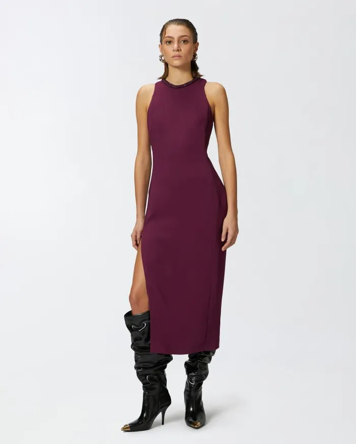 Pinko Black Sheath Dress With Rhinestoned Neckline Grape Wine Women Dresses