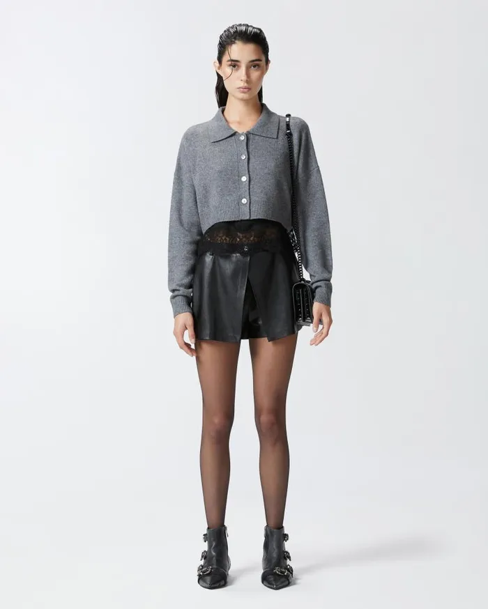 Pinko Cashmereblend Cardigan With Satin And Lace Top Greyblack Women Knitwear