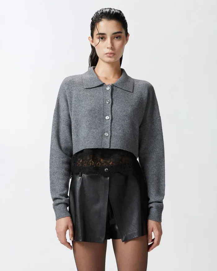 Pinko Cashmereblend Cardigan With Satin And Lace Top Greyblack Women Knitwear
