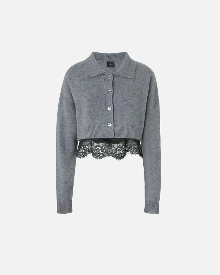 Pinko Cashmereblend Cardigan With Satin And Lace Top Greyblack Women Knitwear
