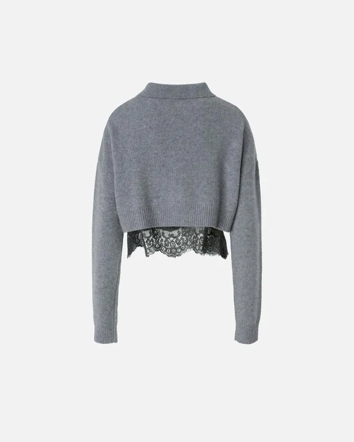 Pinko Cashmereblend Cardigan With Satin And Lace Top Greyblack Women Knitwear