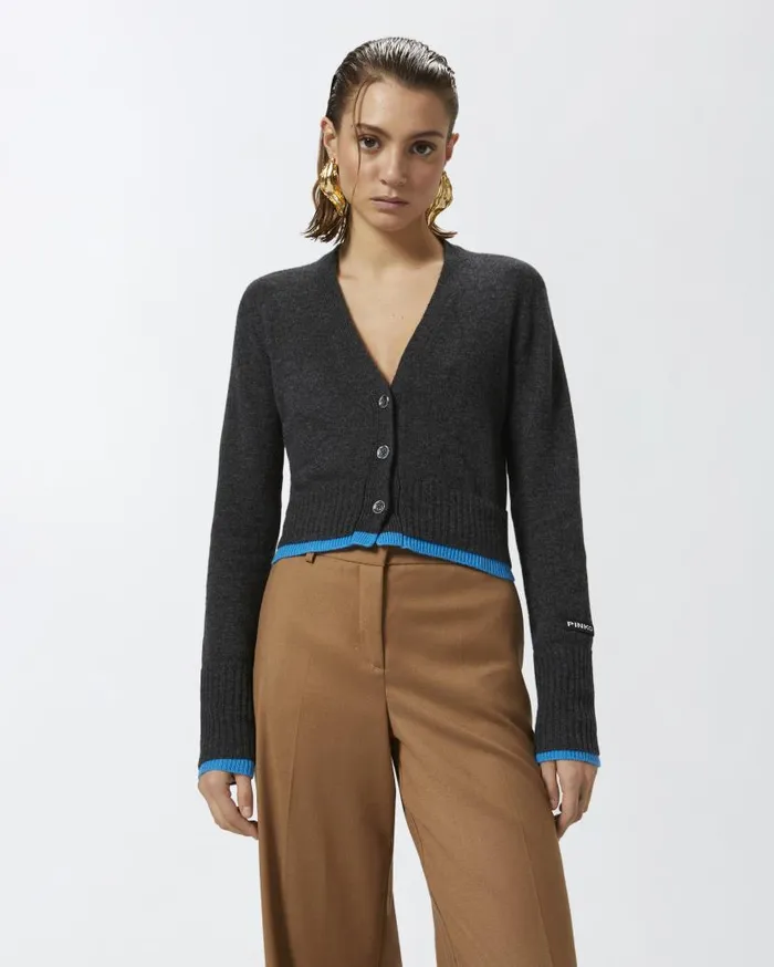 Pinko Cashmere Wool Cropped Cardigan With Contrasts Greyturquoise Women Knitwear