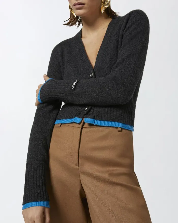 Pinko Cashmere Wool Cropped Cardigan With Contrasts Greyturquoise Women Knitwear