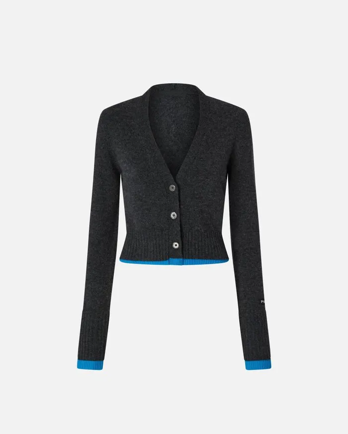 Pinko Cashmere Wool Cropped Cardigan With Contrasts Greyturquoise Women Knitwear