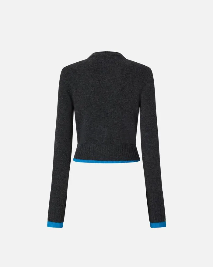 Pinko Cashmere Wool Cropped Cardigan With Contrasts Greyturquoise Women Knitwear