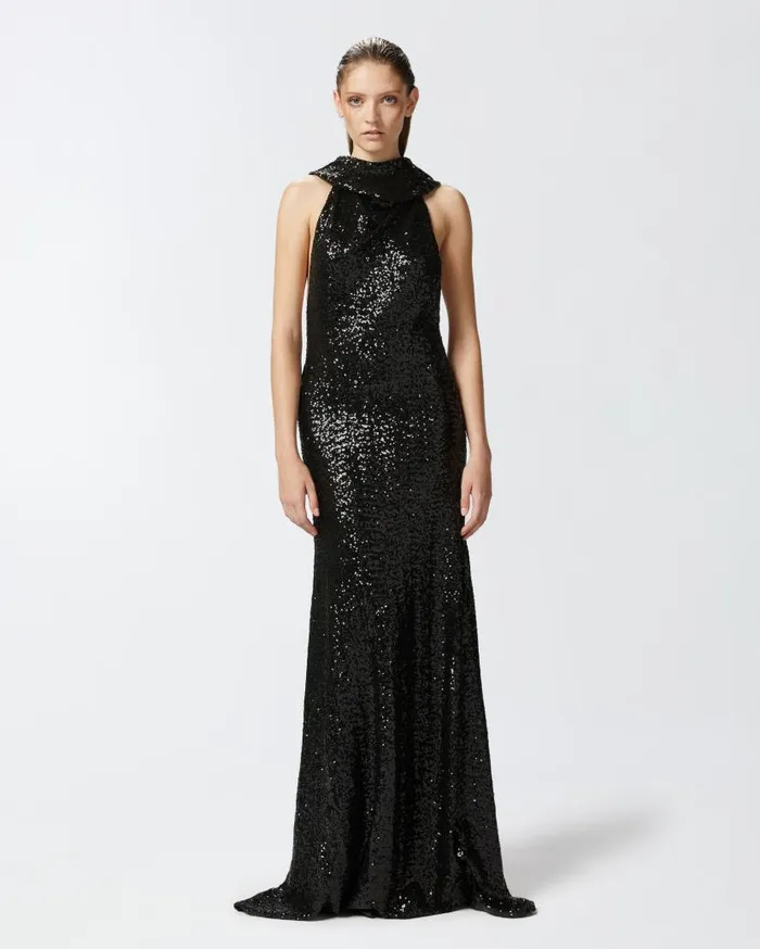 Pinko Elegant Long Sequinned Dress With Open Back Limo Black Women Dresses