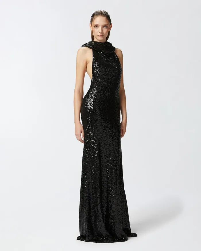 Pinko Elegant Long Sequinned Dress With Open Back Limo Black Women Dresses