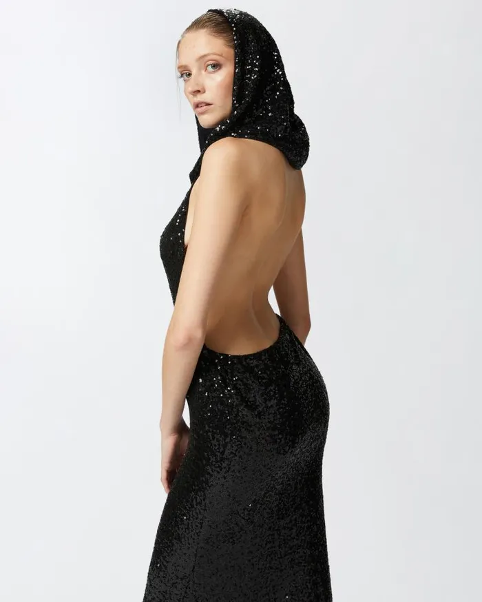 Pinko Elegant Long Sequinned Dress With Open Back Limo Black Women Dresses