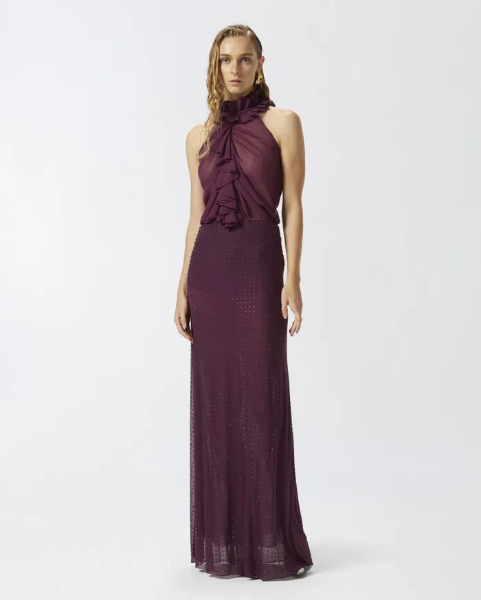Pinko Fully Rhinestoned Long Tulle Skirt Grape Wine Women Skirts