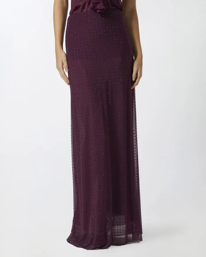 Pinko Fully Rhinestoned Long Tulle Skirt Grape Wine Women Skirts