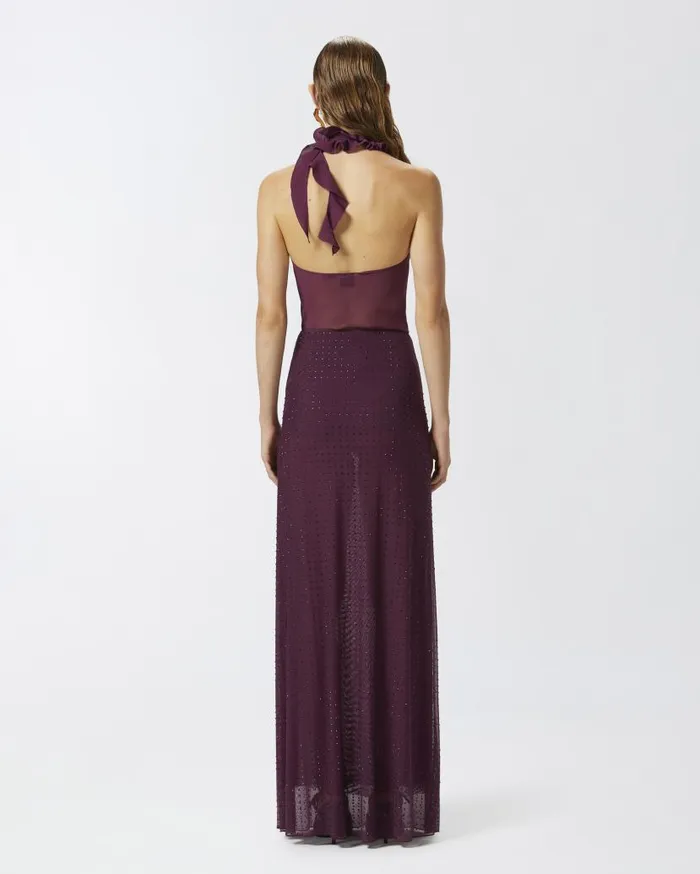 Pinko Fully Rhinestoned Long Tulle Skirt Grape Wine Women Skirts