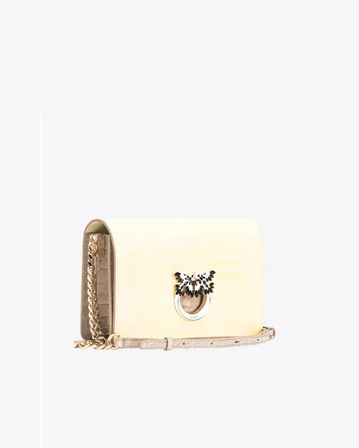 Pinko Galleria Classic Love Bag Click In Shiny Twotone Crocodileprint Leather Haylightgold Women Crossbody Bags