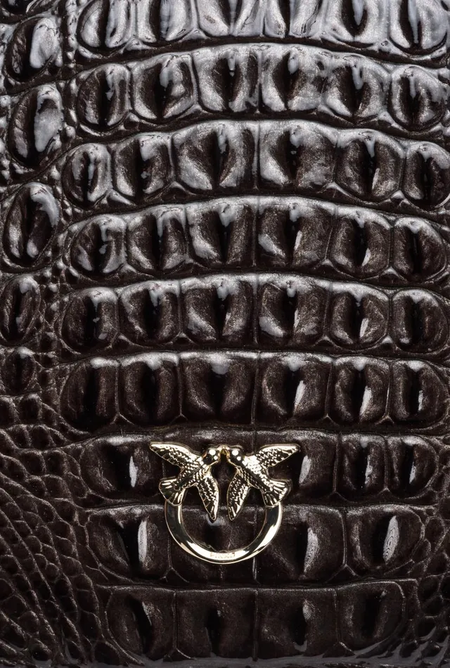 Pinko Galleria Shiny Crocprint Classic Flat Love Bag Blacklight Gold Women Limited Edition