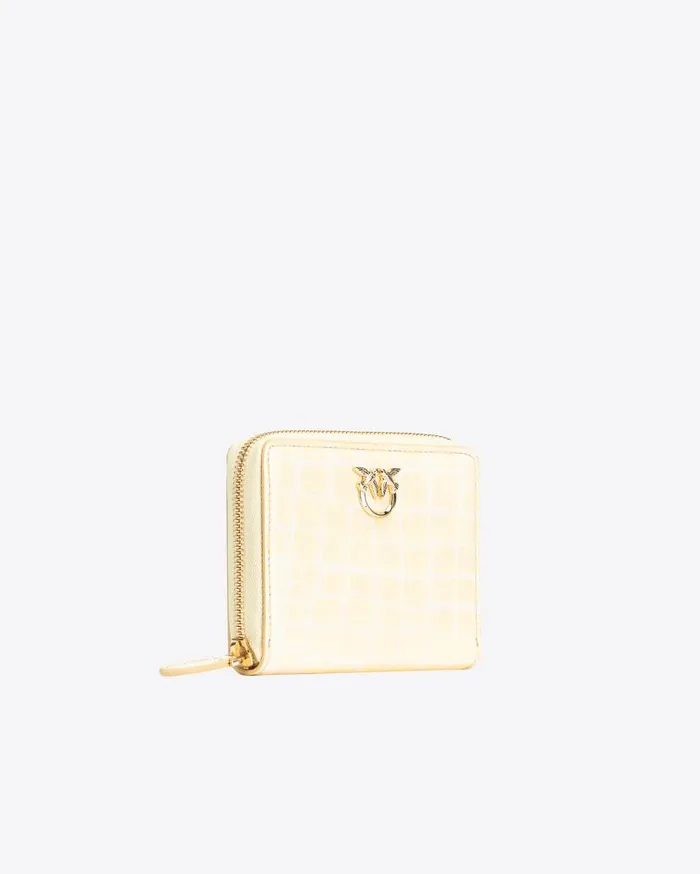 Pinko Galleria Square Ziparound Wallet In Shiny Crocprint Leather Haylightgold Women Limited Edition