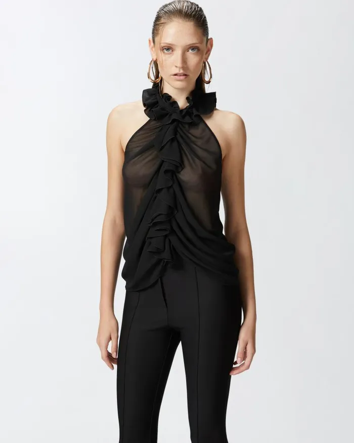 Pinko Georgette Top With Ruching Limo Black Women Topwear