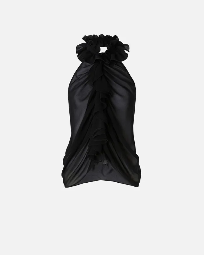 Pinko Georgette Top With Ruching Limo Black Women Topwear