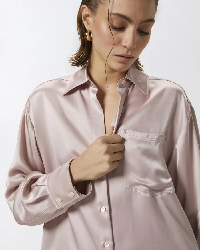 Pinko Glossy Shirt With Plunging Neckline Zephyr Pink Women Shirts And Blouses