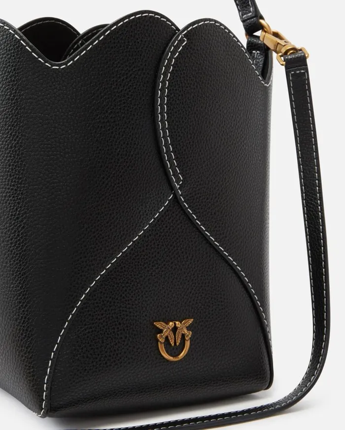Pinko Heart Mini Leather Bucket Bag With Shoulder Strap Blackantique Gold Women Handbags