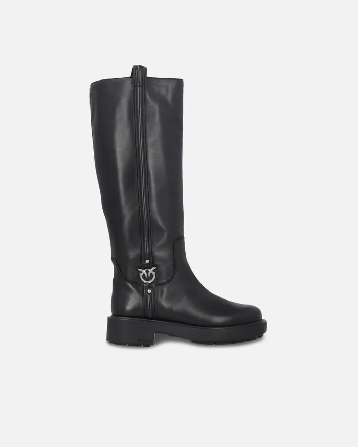 Pinko High Leather Boots With Logo Detail Limo Black Women Boots
