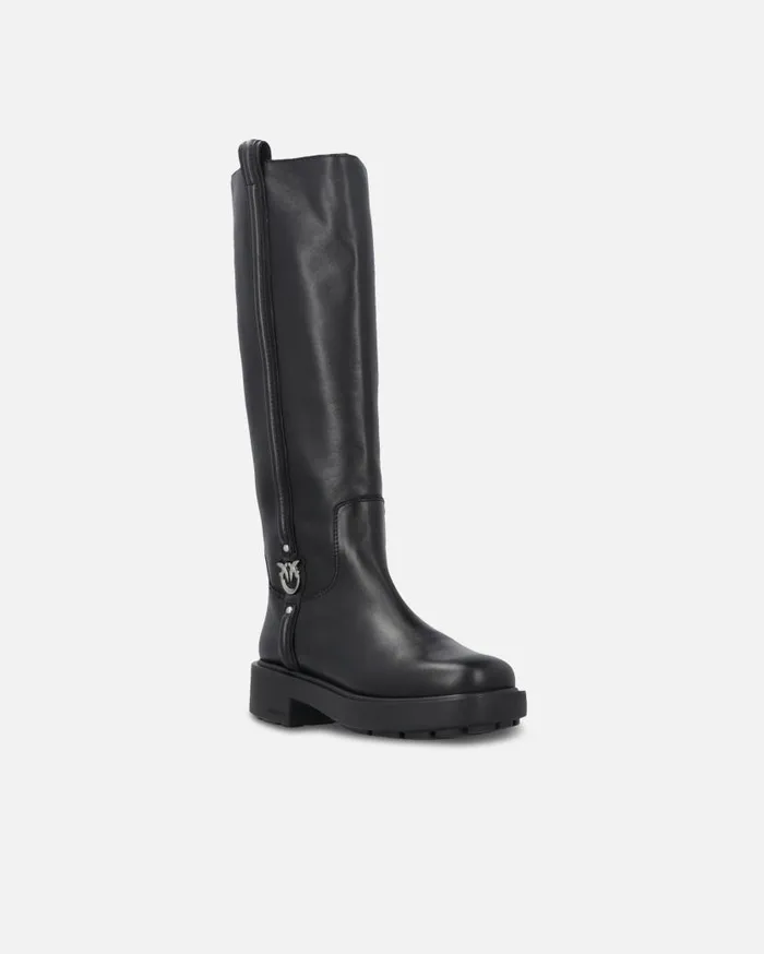 Pinko High Leather Boots With Logo Detail Limo Black Women Boots